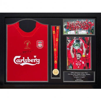 Legende tricouri de fotbal în ramă Liverpool FC 2005 Gerrard Signed Shirt & Medal (Framed)