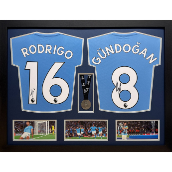 Legende tricouri de fotbal în ramă Manchester City FC 2021-2022 Rodri & Gundogan Signed Shirts & Medal (Dual Framed)