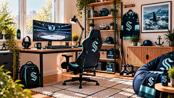 Inspirație pentru colțul de lucru al unui suporter Seattle Kraken